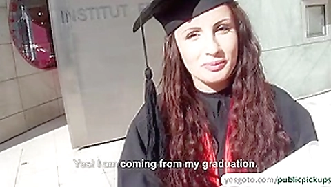 Fresh graduate chick gets picked up and fucked her clean shaved pussy