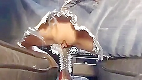 Pussy riding gear shifter with spiked rubber. Squirting in car!
